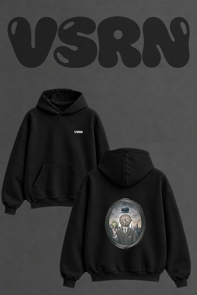 VSRN Elma Saat Adam Design Back Printed Oversize Black Hooded Sweatshirt