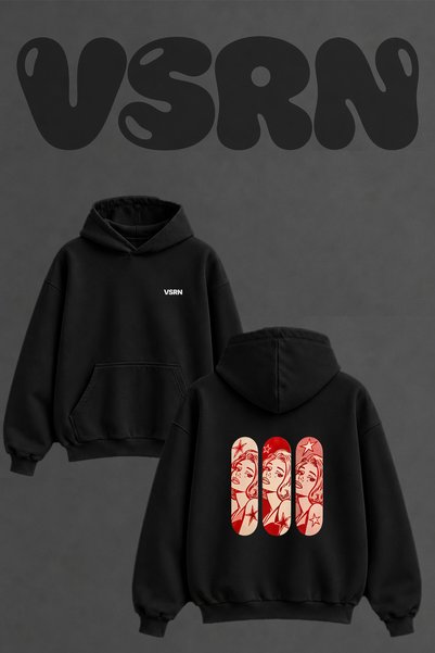 VSRN Lichtenstein Women's Design Back Printed Oversize Black Hooded Sweatshirt