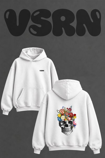 VSRN Kafatasi Cicekler Design Back Printed Oversize White Hooded Sweatshirt