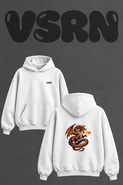 VSRN Celtic Fire Dragon Design Back Printed Oversize White Hooded Sweatshirt