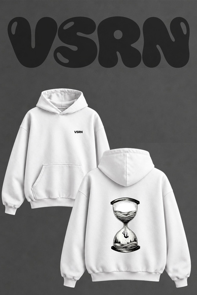 VSRN Sand Clock Dusen Insan Design Back Printed Oversize White Hooded Sweatshirt