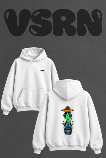 VSRN Psychedelic Alien Design Back Printed Oversize White Hooded Sweatshirt