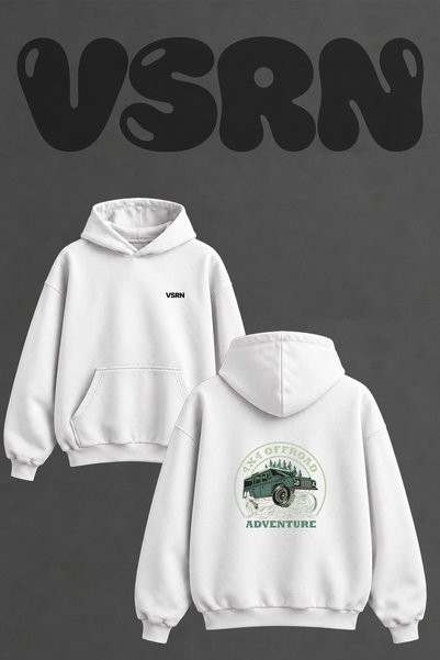 VSRN 4X4 Offroad Design Back Printed Oversize White Hooded Sweatshirt