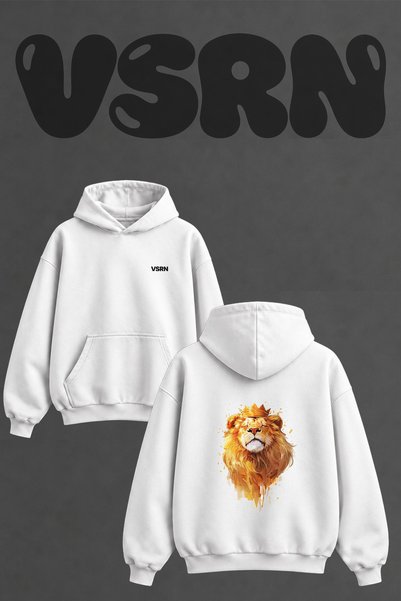 VSRN King Lion_1 Design Back Printed Oversize White Hooded Sweatshirt