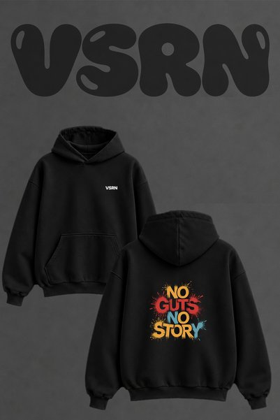 VSRN سويت شيرت بقلنسوة أسود كبير الحجم مطبوع من الخلف بتصميم No Guts Story