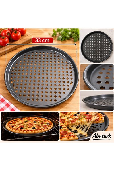 abnturk 33 cm Büyük Boy Delikli Teflon Pizza Tepsisi, Yapışmaz Yüzeyli Yuvarl...