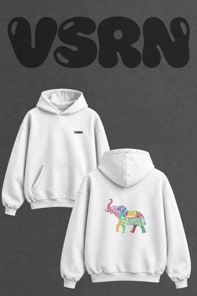 VSRN سويت شيرت أبيض كبير الحجم بقلنسوة مطبوع عليه تصميم Elephant Word Art