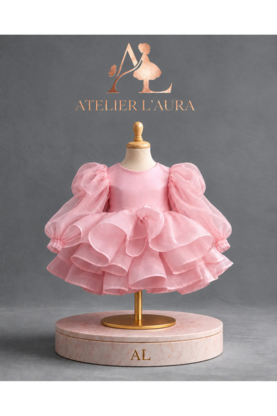 ATELIER LAURA Kız Çocuk Elbisesi Toz Pembe Uzun Kol Fiyonklu Tütü Prenses Doğ...
