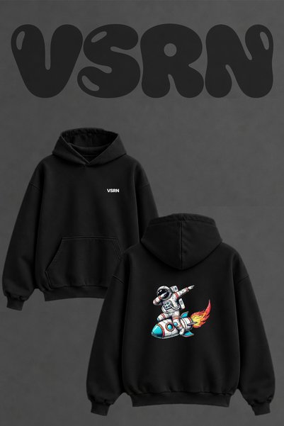 VSRN Astronaut Rocket Dab Design Back Printed Oversize Black Hooded Sweatshirt