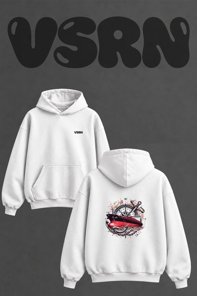 VSRN Gemi Capa Design Back Printed Oversize White Hooded Sweatshirt