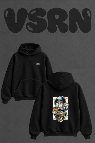 VSRN Astronaut Diver Design Back Printed Oversize Black Hooded Sweatshirt