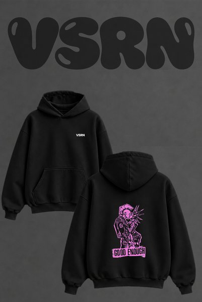 VSRN سويت شيرت أسود كبير الحجم بقلنسوة وطباعة على الظهر بتصميم Punk Double De...