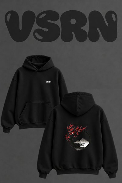 VSRN Japanese Cherry Torii Design Back Printed Oversize Black Hooded Sweatshirt