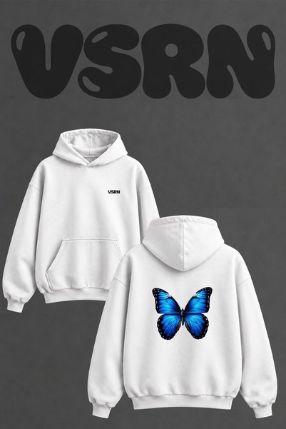 VSRN Blue Butterfly_1 Design Back Printed Oversize White Hooded Sweatshirt