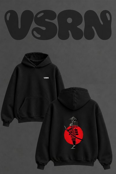 VSRN Samurai_1 Φούτερ με στάμπα στην πλάτη, μεγάλου μεγέθους, μαύρο, με κουκούλα