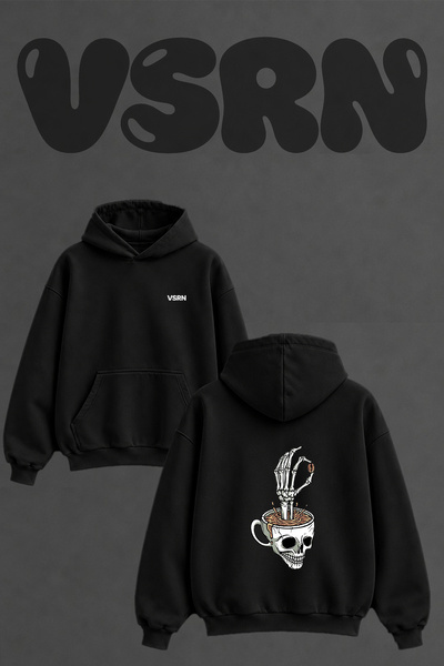 VSRN Skull Skeleton Coffee Design Back Printed Oversize Black Hooded Sweatshirt