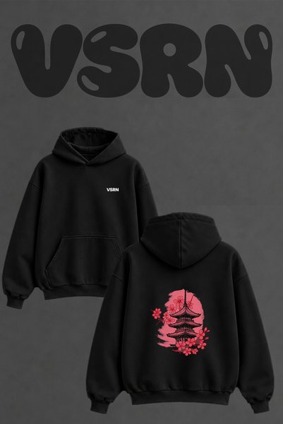 VSRN Pagoda Sakura_1 Design Back Printed Oversize Black Hooded Sweatshirt
