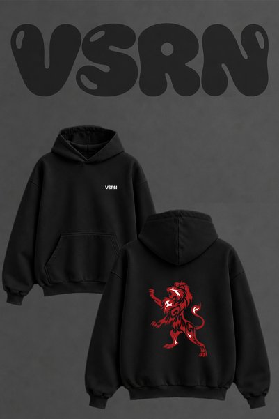 VSRN Lion Tribal Design Back Printed Oversize Black Hooded Sweatshirt