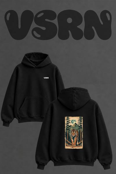 VSRN Tiger Moon Design Back Printed Oversize Black Hooded Sweatshirt