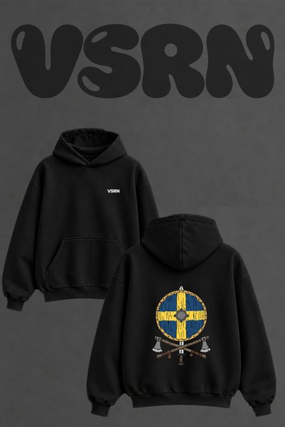 VSRN Isvec Viking Design Back Printed Oversize Black Hooded Sweatshirt