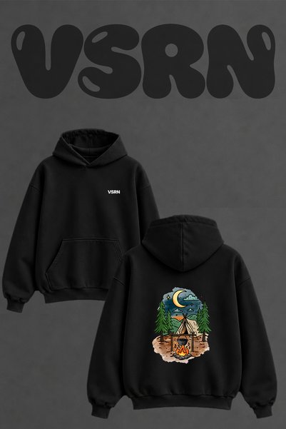 VSRN سويت شيرت أسود كبير الحجم بقلنسوة وطباعة على الظهر من Night Camp Design