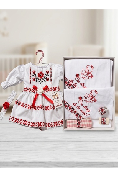 HUGBEBE Set cu trusou si rochita bebe, 3-6 luni, in stil traditional, rosu