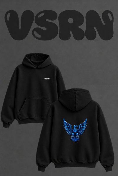 VSRN Blue Eagle Design Back Printed Oversize Black Hooded Sweatshirt