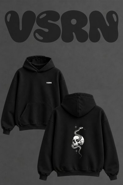 VSRN Kafatasi Yilan Design Back Printed Oversize Black Hooded Sweatshirt