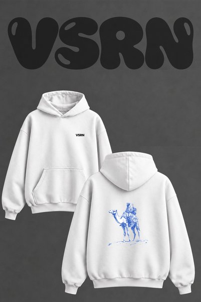 VSRN Berber Deve Design Back Printed Oversize White Hooded Sweatshirt