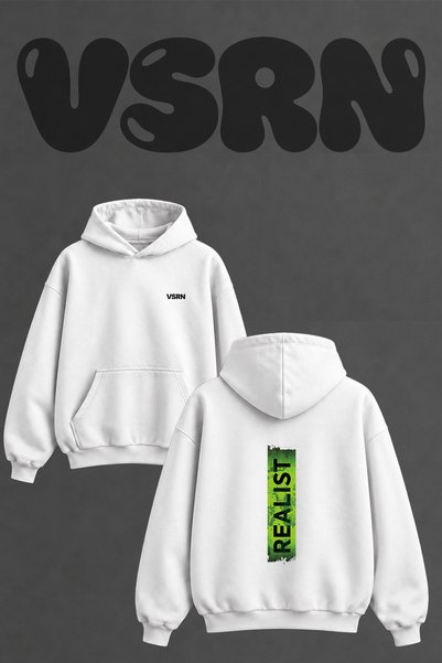 VSRN Realist Grunge Design Back Printed Oversize White Hooded Sweatshirt