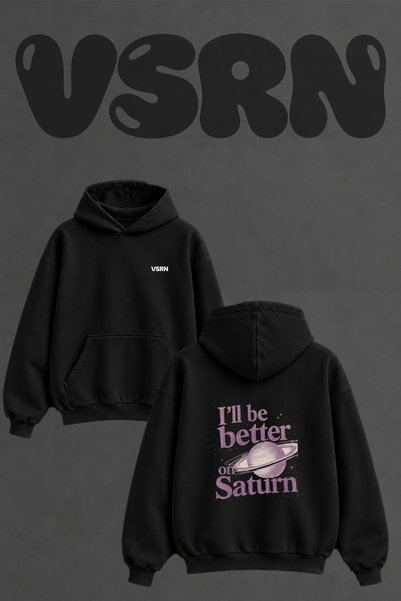 VSRN Saturn Planet_1 Design Back Printed Oversize Black Hooded Sweatshirt