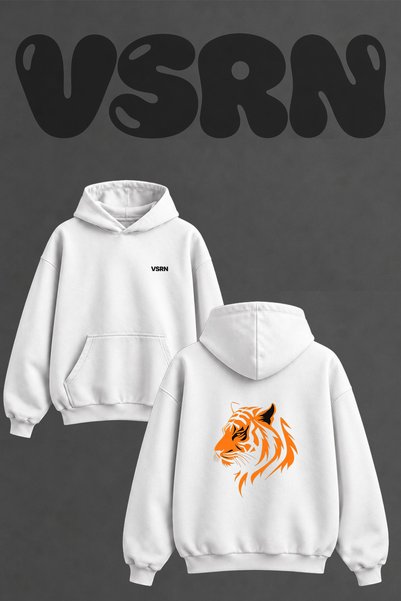 VSRN Tiger Head Design Back Print Oversize White Hooded Sweatshirt