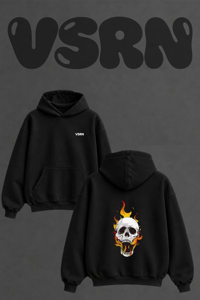 VSRN Fire Skull Design Back Printed Oversize Black Hooded Sweatshirt