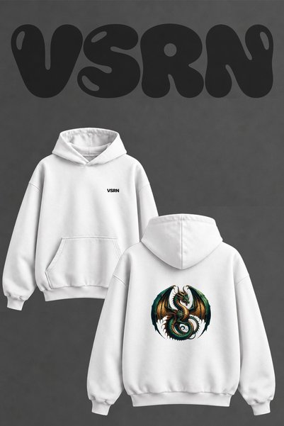 VSRN Dragon Design Back Printed Oversize White Hooded Sweatshirt