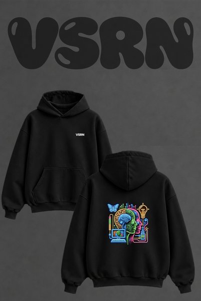 VSRN Neon Brain Design Back Printed Oversize Black Hooded Sweatshirt