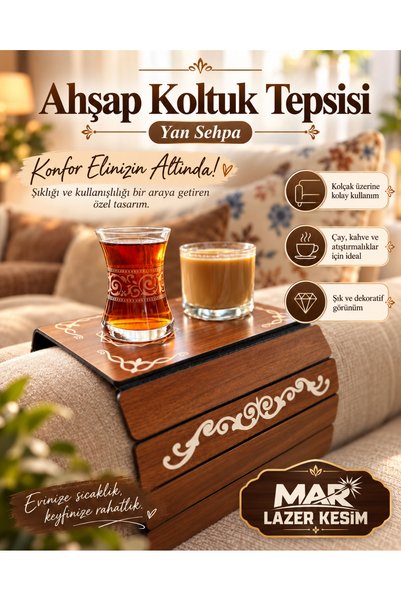 MAR LAZER KESİM Ahşap Koltuk Kolu Tepsisi Yan Sehpa, Koltuk Kenarı, Katlanabi...