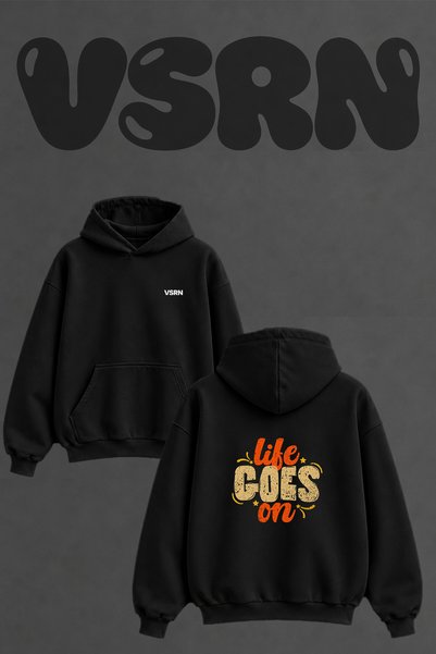 VSRN سويت شيرت بقلنسوة أسود كبير الحجم مطبوع عليه تصميم Life Goes On