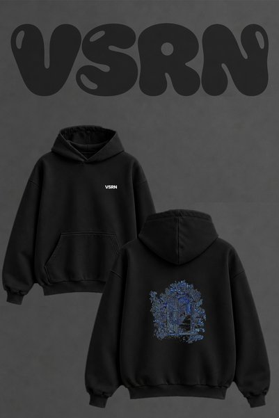 VSRN Garden Gate Design Back Printed Oversize Black Hooded Sweatshirt