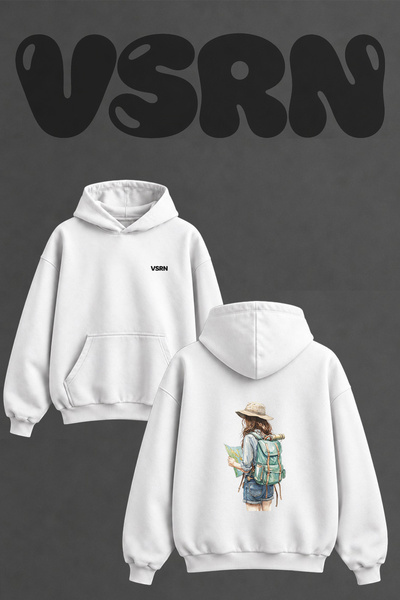 VSRN Traveler Map Design Back Printed Oversize White Hooded Sweatshirt