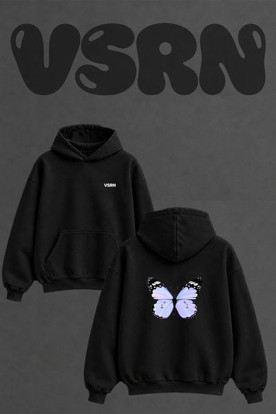 VSRN Lilac Butterfly Design Back Printed Oversize Black Hooded Sweatshirt