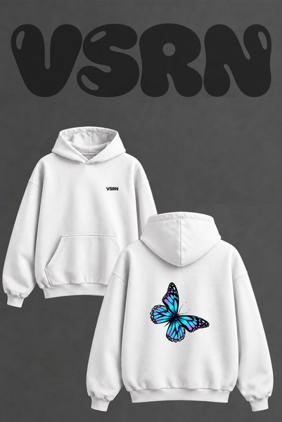 VSRN Blue Purple Butterfly_1 Design Back Printed Oversize White Hooded Sweats...