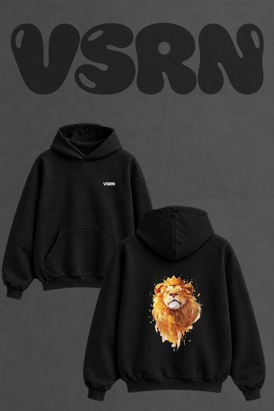 VSRN King Lion_1 Design Back Printed Oversize Black Hooded Sweatshirt