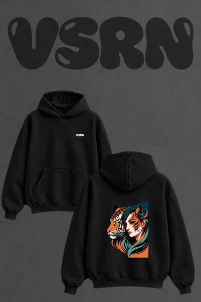 VSRN Woman Tiger Design Back Printed Oversize Black Hooded Sweatshirt