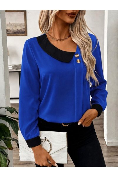 bysocafashion Women's Long Sleeve Asymmetrical Collar Detailed Buttoned Impor...