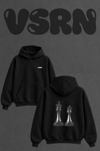VSRN King Queen Design Back Printed Oversize Black Hooded Sweatshirt