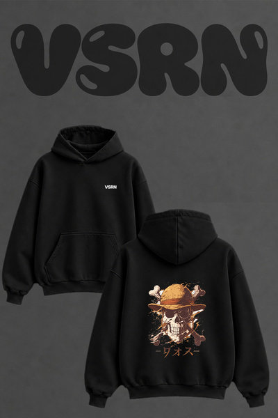 VSRN Luffy Skull Design Back Printed Oversize Black Hooded Sweatshirt