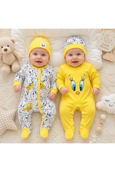 EMSTA BABY Chick Patterned 2-Piece Baby Romper with Booties - 100% Organic Cotton