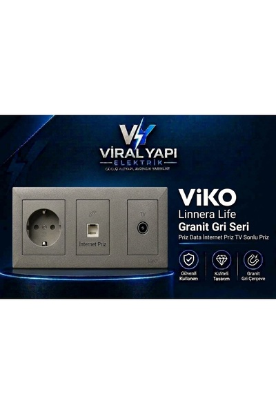 VİKO Linnera Life Granit Gri Üçlü Set Priz+Tv (Uydu) Sonlu Priz+İnternet Prizi (Data RJ45)+Çerçeve