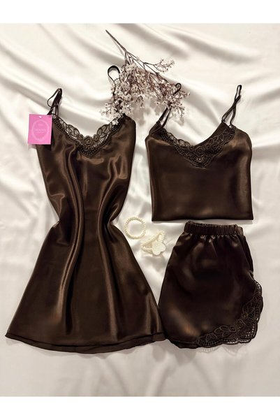 MH Moony Homewears Триделен кафяв IAO луксозен сатенен комплект за спалня