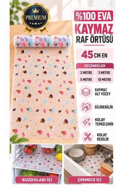 Örtücüm %100 EVA Şeffaf Kaymaz Raf Örtüsü Dondurma Desenli 45 cm Dolap Çekmec...